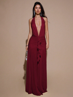 Vestido Scarlett – Halter Fruncido con Escote V y Abertura Alta