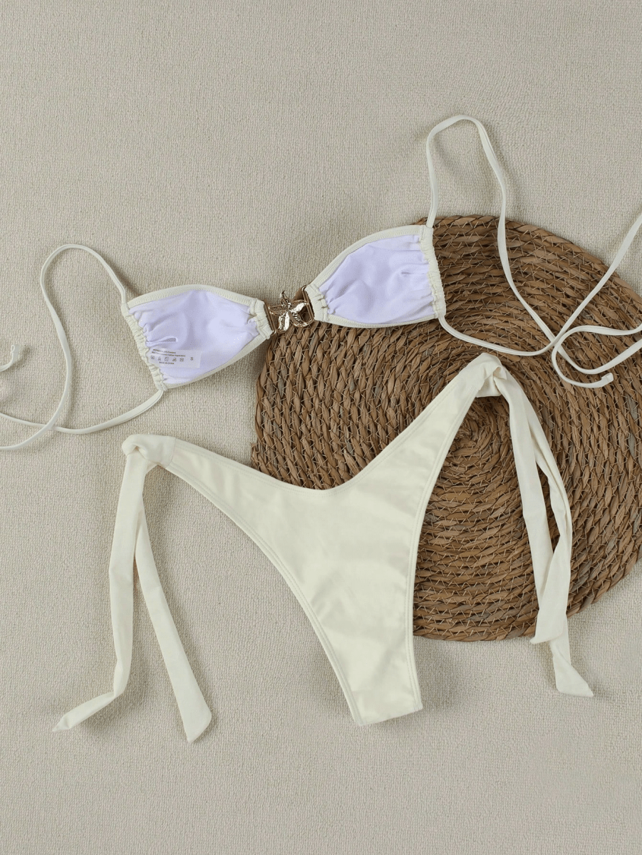 Bikini Marina – Top Triangular con Broche Estrella y Lazos Dorados - MARYLUS