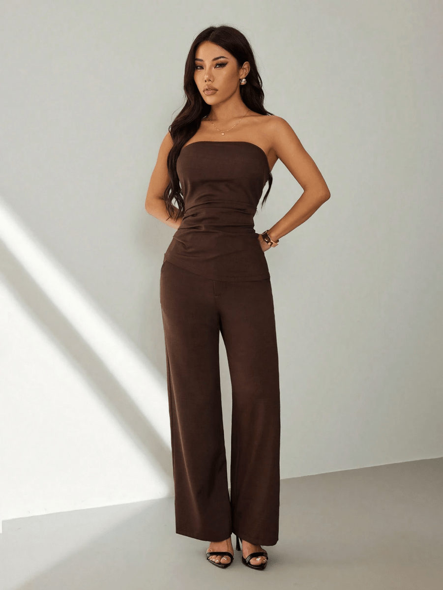 Conjunto Noir – Top Strapless Fruncido con Pantalón Pierna Ancha - MARYLUS