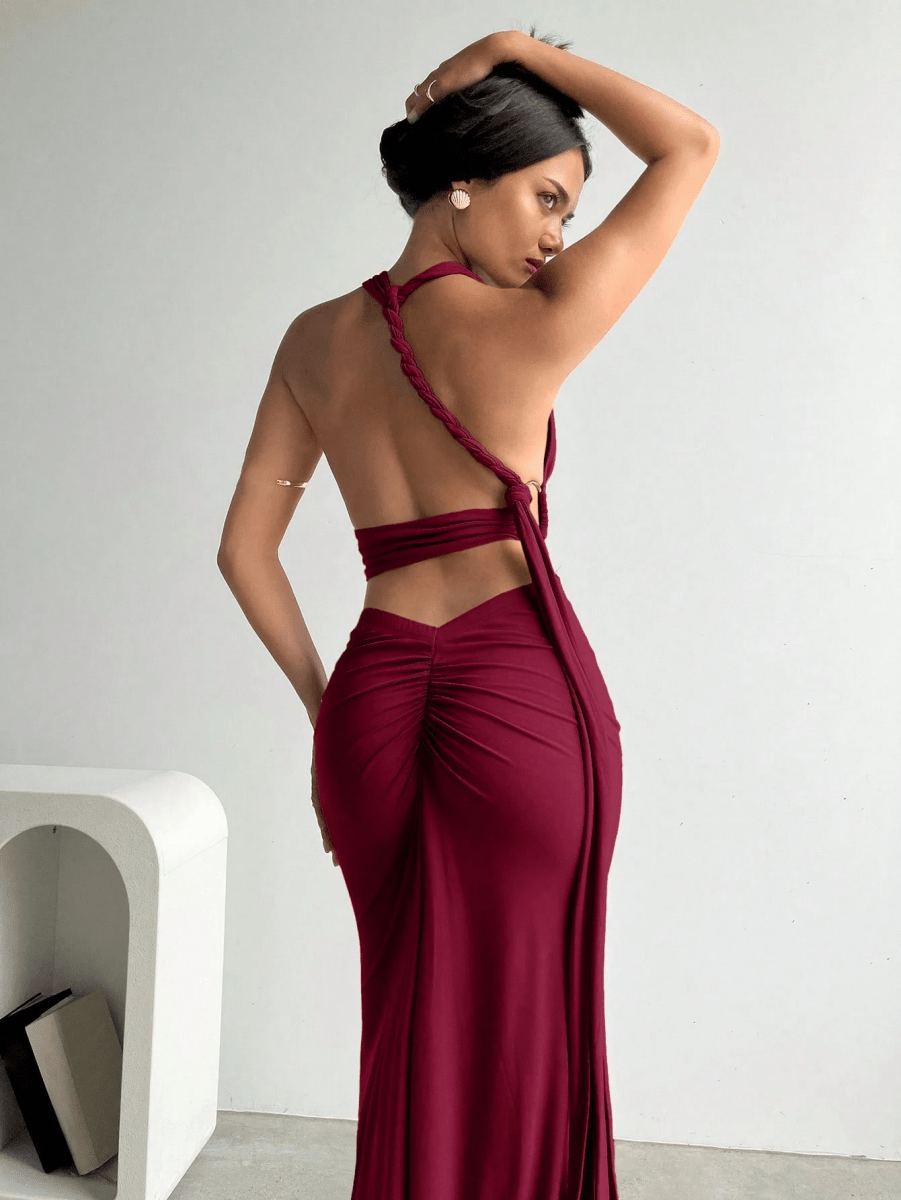Set Atenas – Crop Top Halter Escote V con Falda Larga Fruncida - MARYLUS