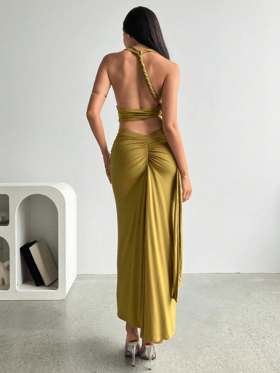 Set Atenas – Crop Top Halter Escote V con Falda Larga Fruncida - MARYLUS