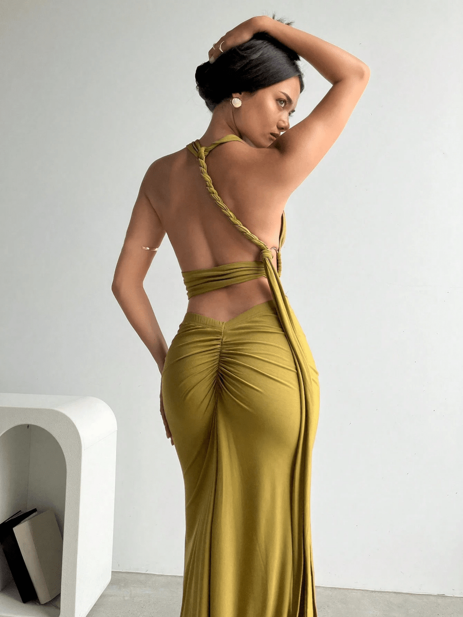 Set Atenas – Crop Top Halter Escote V con Falda Larga Fruncida - MARYLUS