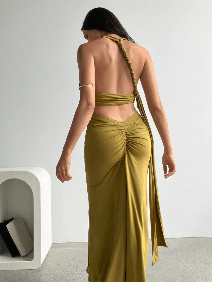 Set Atenas – Crop Top Halter Escote V con Falda Larga Fruncida - MARYLUS