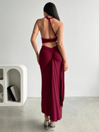 Set Atenas – Crop Top Halter Escote V con Falda Larga Fruncida - MARYLUS