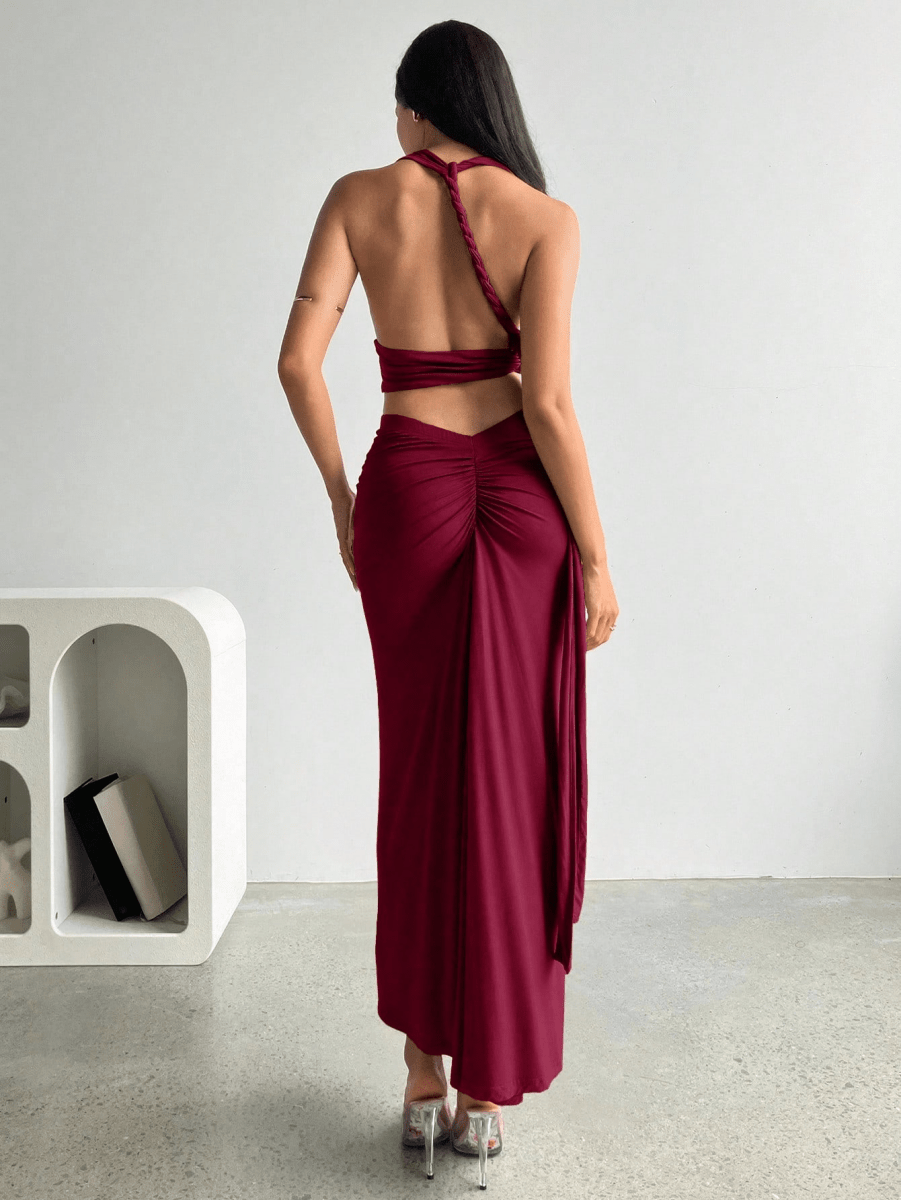Set Atenas – Crop Top Halter Escote V con Falda Larga Fruncida - MARYLUS