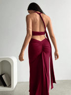 Set Atenas – Crop Top Halter Escote V con Falda Larga Fruncida - MARYLUS