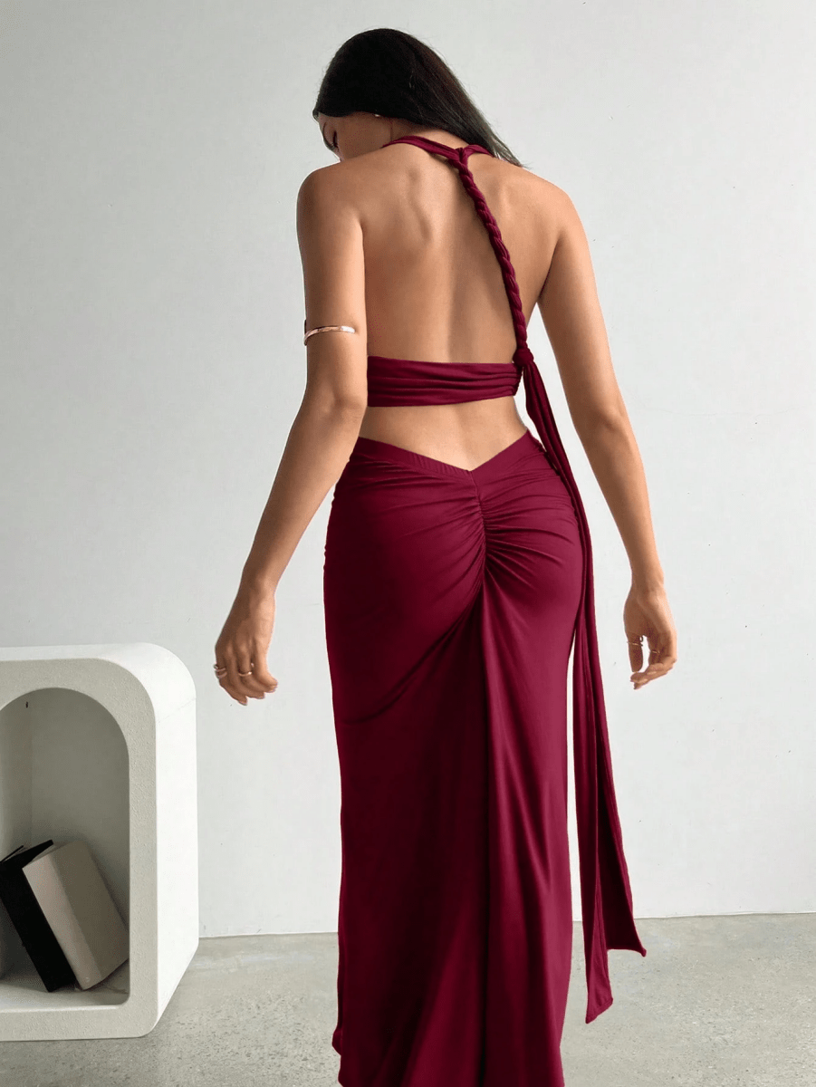 Set Atenas – Crop Top Halter Escote V con Falda Larga Fruncida - MARYLUS