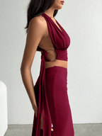 Set Atenas – Crop Top Halter Escote V con Falda Larga Fruncida - MARYLUS