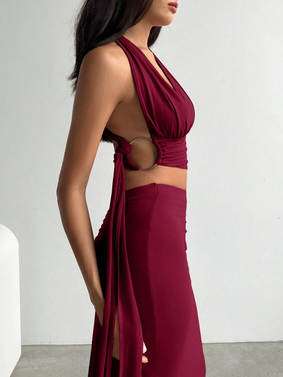 Set Atenas – Crop Top Halter Escote V con Falda Larga Fruncida - MARYLUS