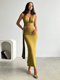 Set Atenas – Crop Top Halter Escote V con Falda Larga Fruncida - MARYLUS
