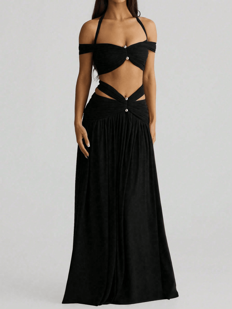 Set Crop Top Halter Cruzado con Falda Larga Fluida - MARYLUS