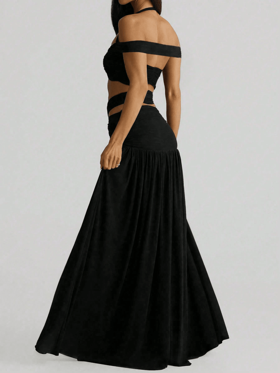 Set Crop Top Halter Cruzado con Falda Larga Fluida - MARYLUS