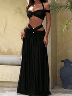 Set Crop Top Halter Cruzado con Falda Larga Fluida - MARYLUS
