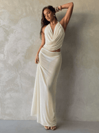 Set Diosa – Top Halter Drapeado con Falda Larga Transparente - MARYLUS
