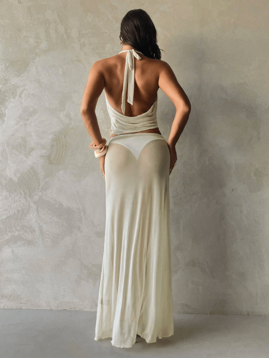 Set Diosa – Top Halter Drapeado con Falda Larga Transparente - MARYLUS