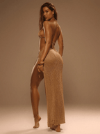 Vestido Ibiza – Halter Ganchillo Metálico con Abertura Lateral - MARYLUS