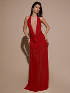 Vestido Scarlett – Halter Fruncido con Escote V y Abertura Alta - MARYLUS
