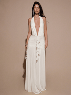 Vestido Scarlett – Halter Fruncido con Escote V y Abertura Alta - MARYLUS