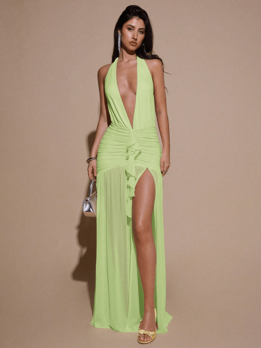 Vestido Scarlett – Halter Fruncido con Escote V y Abertura Alta - MARYLUS
