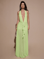 Vestido Scarlett – Halter Fruncido con Escote V y Abertura Alta - MARYLUS
