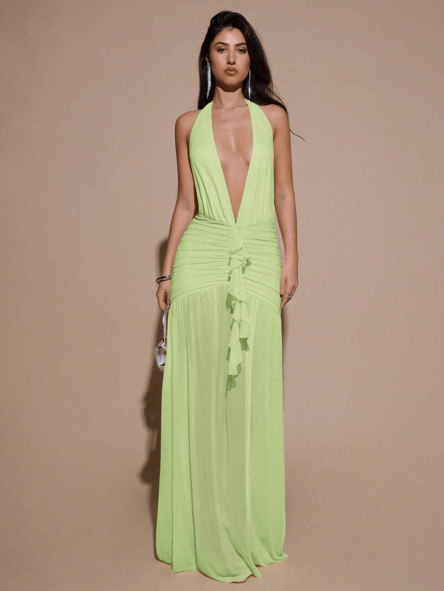 Vestido Scarlett – Halter Fruncido con Escote V y Abertura Alta - MARYLUS