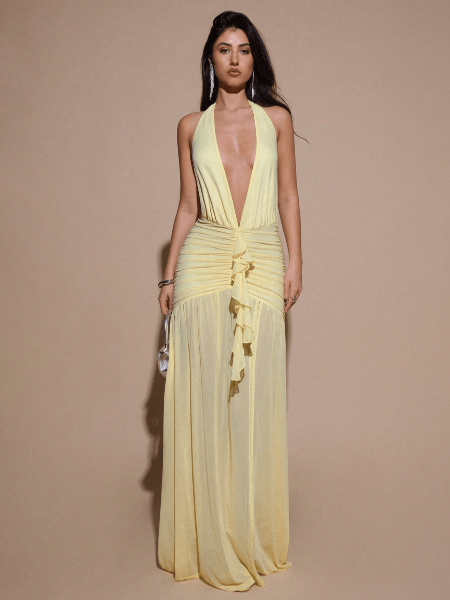 Vestido Scarlett – Halter Fruncido con Escote V y Abertura Alta - MARYLUS